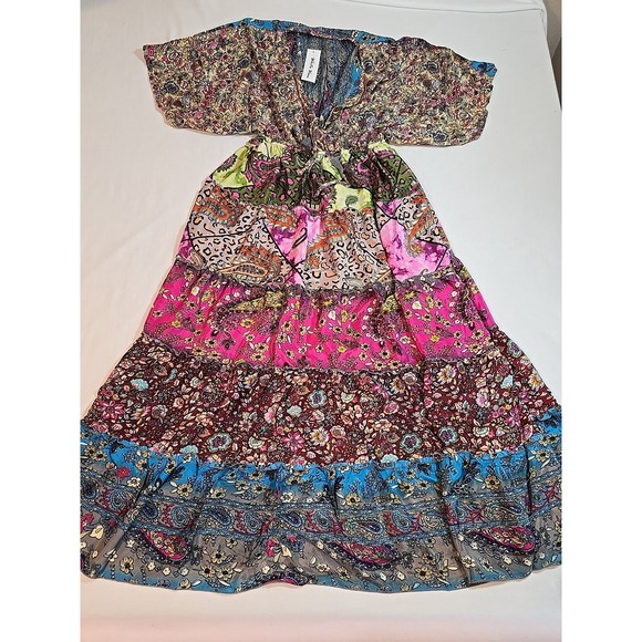 White Waves Silk blend Patchwork Print Tiered Midi Dress  One Size  New - Picture 12 of 16